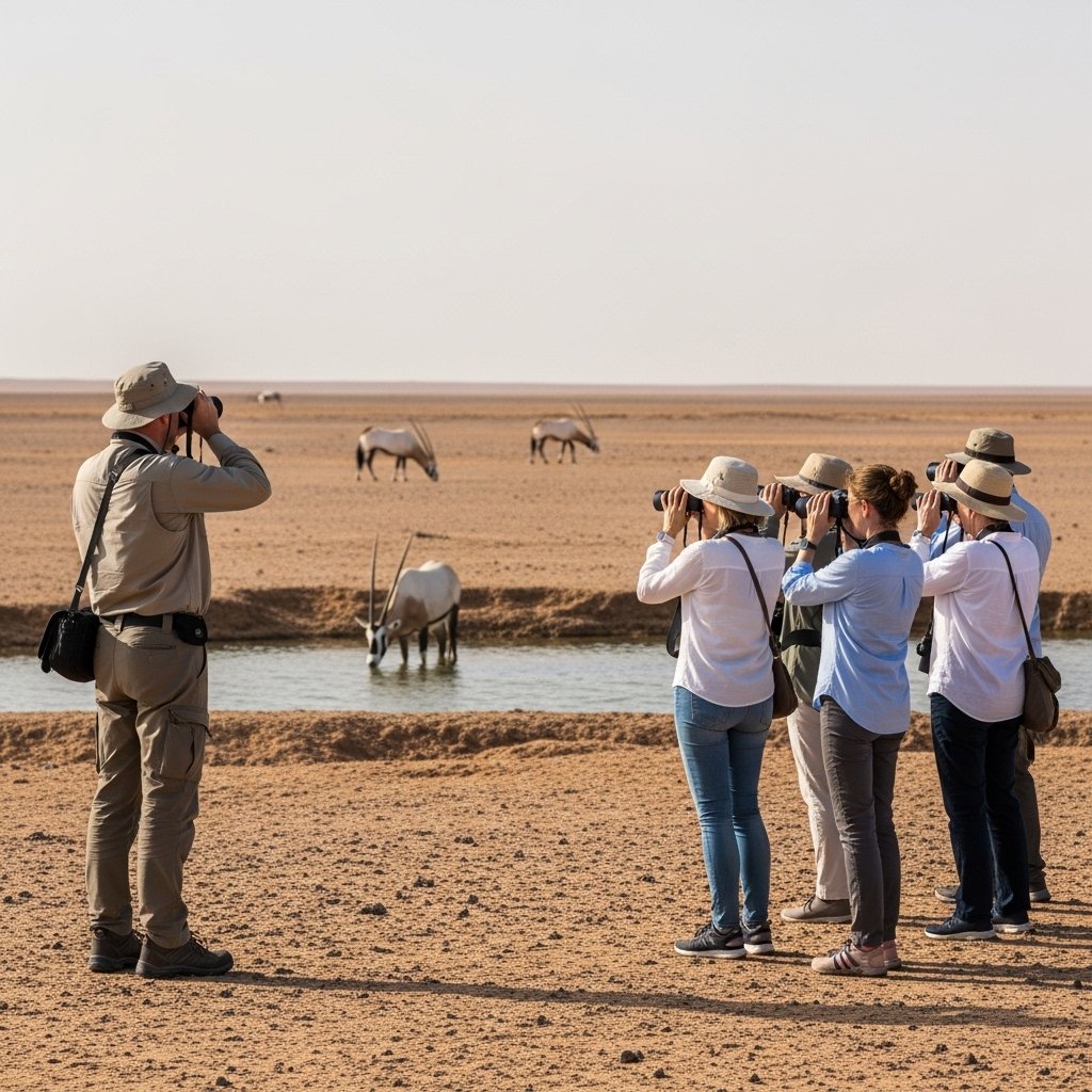 An informative eco-tour photograph taken in a vast, remote desert conservation area. A guide in professional field gear leads a small group of tourists, who are using binoculars and cameras, to observe rare Arabian Oryx drinking from a natural water source in the distance. The focus is on the wildlife and the fragile desert ecosystem.