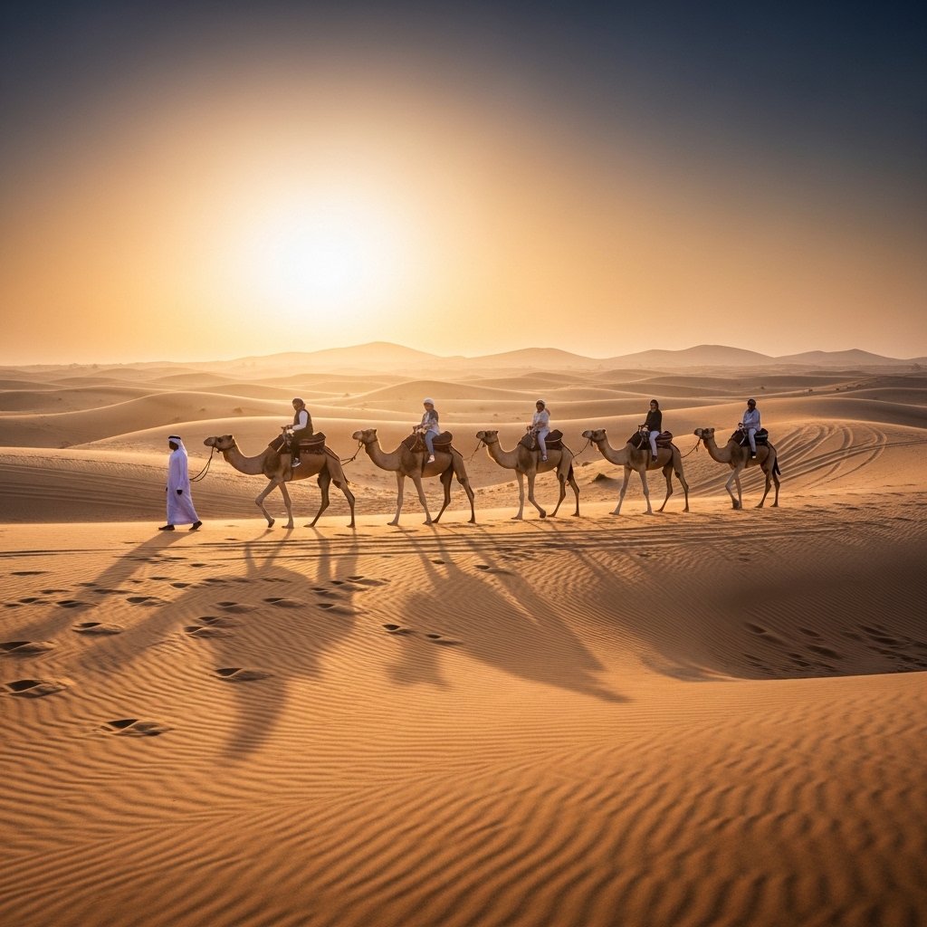 A peaceful and traditional scene at dawn in the vast desert. Five well-trained camels, each carrying a rider in light casual clothing, walk in a single-file caravan line across undulating golden sand dunes. An Arab handler in traditional white kandura walks alongside, leading them. The rising sun creates a soft, hazy golden light. Calm and cultural.
