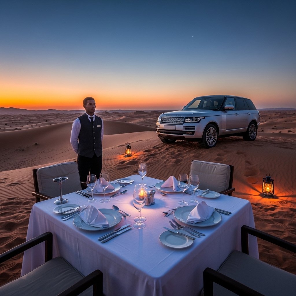 A high-resolution photograph of an exclusive and secluded private luxury desert camp. A modified silver Range Rover is parked discretely on a dune crest, near a beautifully set fine dining table with crisp white linen and upscale tableware. A professional butler stands ready. The setting is intimate, overlooking an untouched desert landscape. High prestige.