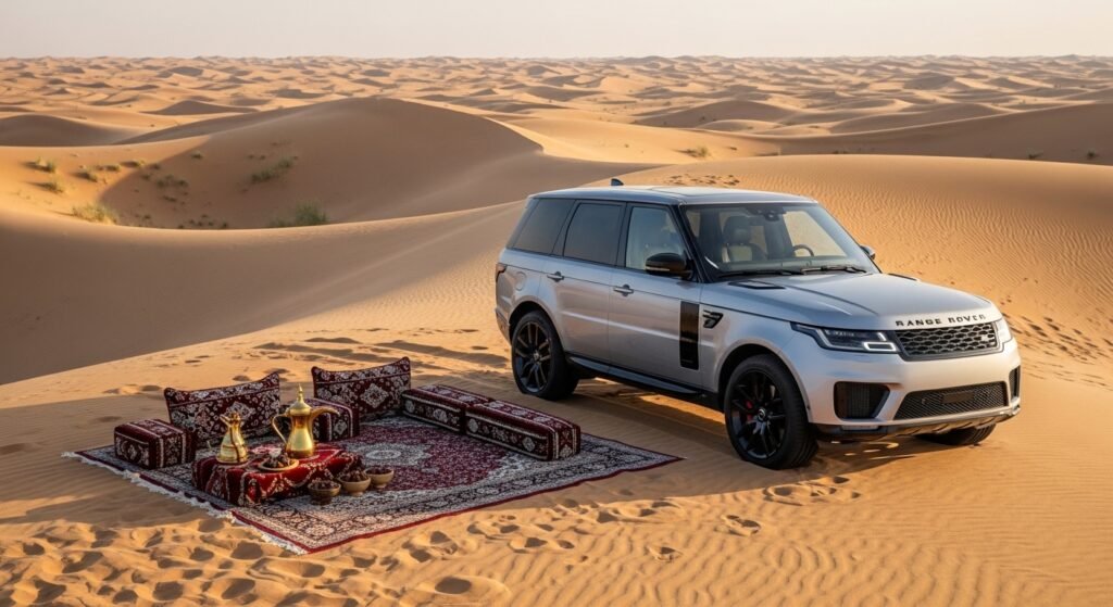 A high-end, still-life style photograph captured at early morning in the Dubai desert. A brand new luxury 4x4 SUV (e.g., a modern silver Range Rover or Mercedes G-Wagon) is parked elegantly on a pristine sand dune. Beside it is a small, premium camp setup with Persian rugs, a traditional brass coffee pot, and date bowls. The soft, warm light of the morning sun illuminates the scene against a background of peaceful, endless golden dunes. Minimal, clean, and luxurious.