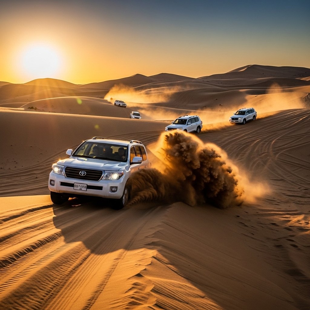 A dynamic, low-angle photograph captured at sunrise, showing several white Toyota Land Cruiser SUVs power-sliding and driving aggressively over massive golden sand dunes, kicking up a dramatic and voluminous rooster-tail of sand in their wake. The early morning sun casts long shadows. Pure adrenaline.