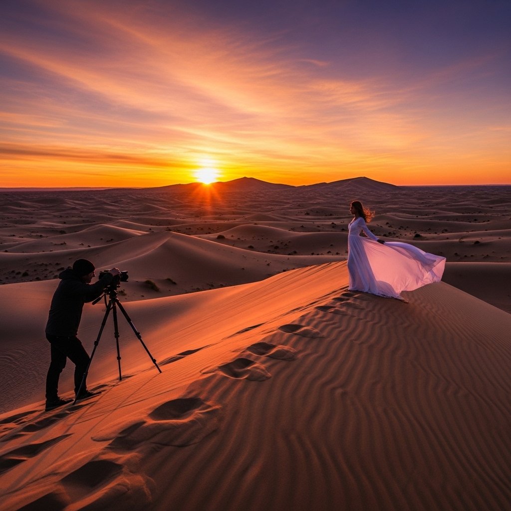 A stunning, professional photograph taken on a prominent sand dune crest at the moment of sunrise. A client in a flowing, elegant dress is striking a pose while a professional photographer with a large camera and tripod captures the scene. The rippled dunes stretch endlessly under a sky filled with rich golden, orange, and purple hues.