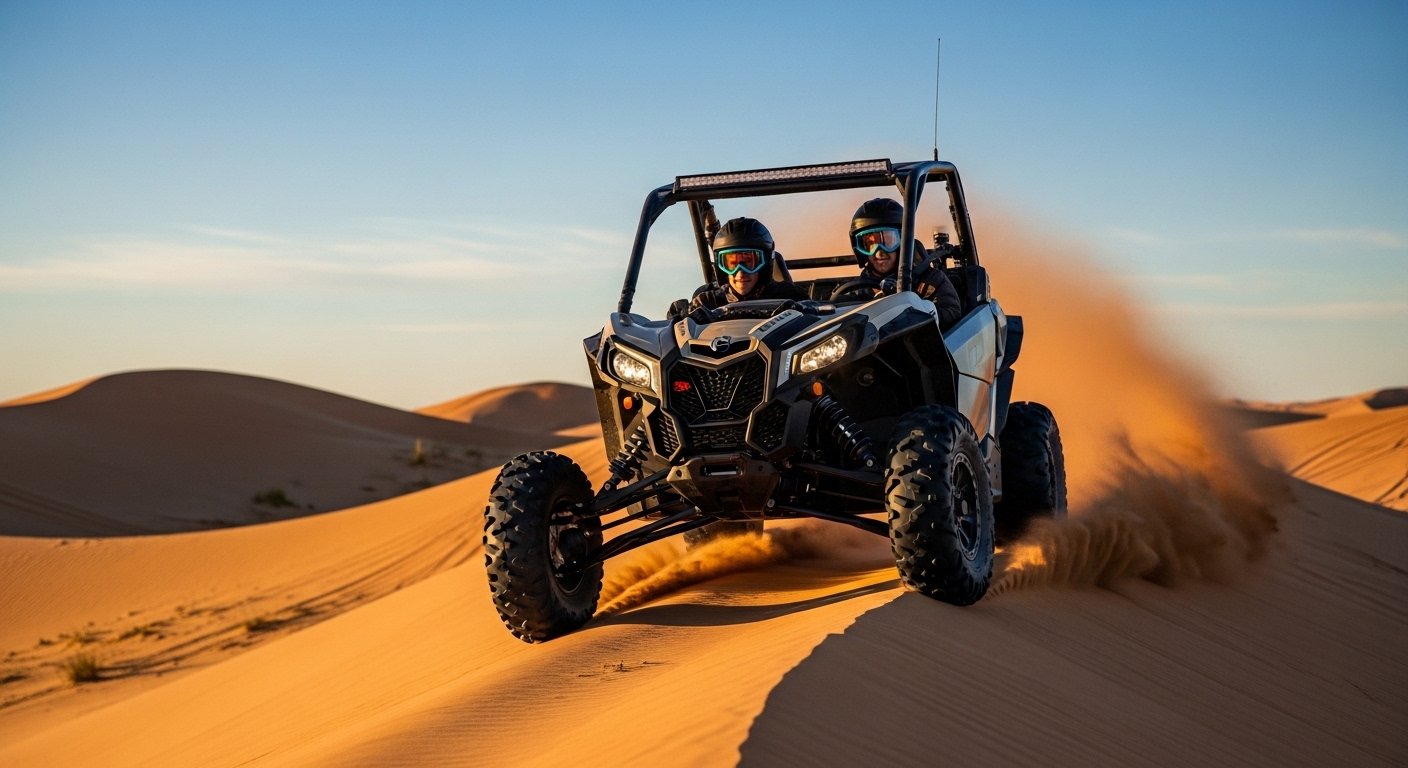 A high-resolution action photograph taken at sunrise. A powerful, two-seater off-road dune buggy (can-am style, desert tan color) with a driver and passenger wearing goggles, smiling, is driving aggressively over the crest of a large sand dune. Golden morning light, clear blue sky with a hint of orange on the horizon.