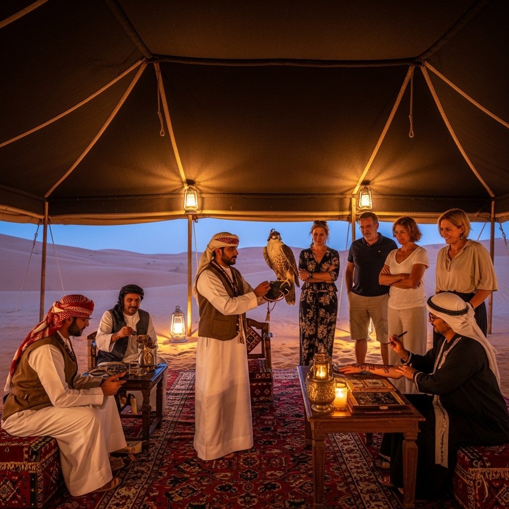 A vivid and authentic photograph taken inside a large, traditionally styled Bedouin tent campsite at twilight. The scene focuses on a falconer in traditional dress holding a majestic falcon, interacting with a small group of fascinated tourists. Nearby, another artist applies intricate henna designs to a guest's hand. Warm, inviting lanterns illuminate the cultural performances. The sand dunes are visible outside the tent.