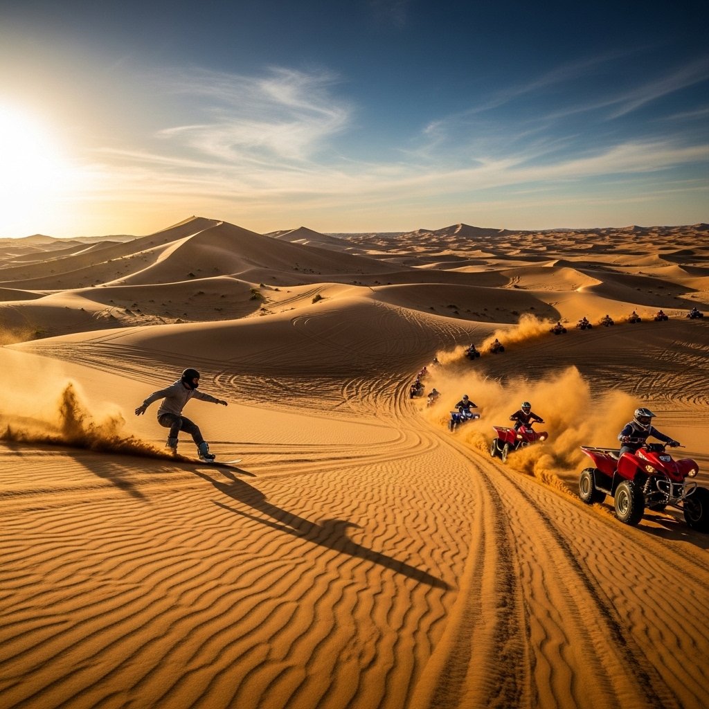 An action-packed, wide-angle photograph taken in a vast desert bowl filled with sand dunes. The image captures two distinct scenes: on the left, an individual is expertly sandboarding down a steep golden dune, while on the right, multiple high-speed ATVs and quad bikes are racing across rippled terrain, both kicking up spectacular plumes of sand. Pure thrill.