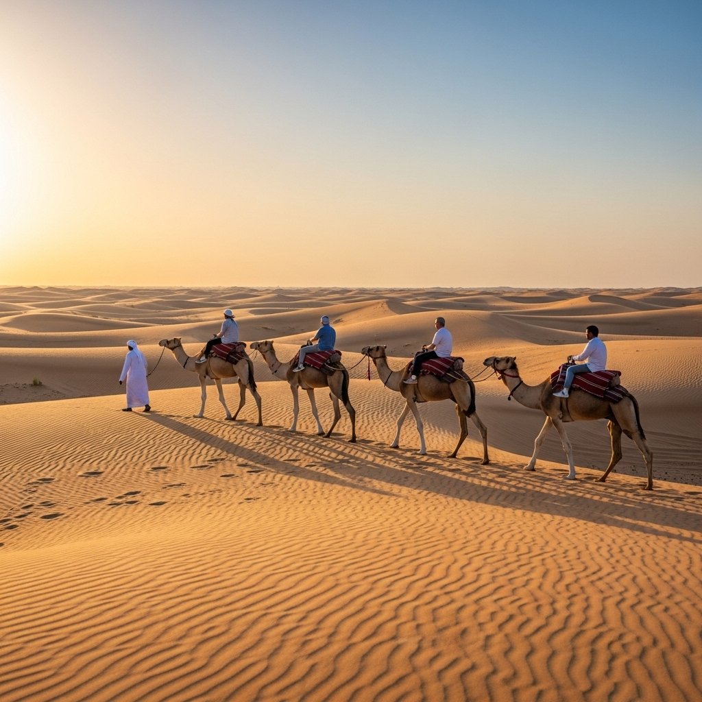 A peaceful and traditional photograph taken at dawn in the vast Dubai desert. A caravan of five well-trained camels, each carrying a rider in light casual clothing, walks in a single-file line across the undulating golden sand dunes, guided by an Arab handler in traditional attire. The scene is calm, backlit by soft morning light.