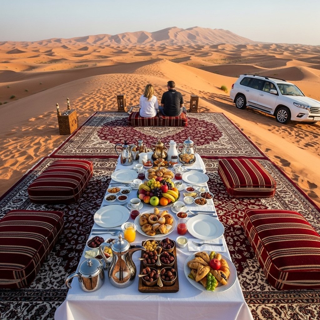 A high-resolution photograph of a luxurious, private gourmet breakfast setup on the crest of a pristine sand dune. The scene includes traditional Persian rugs, comfortable cushions, and a low table laden with a lavish spread of continental and Arabic breakfast items (pastries, exotic fruits, coffee pot, dates). Two people are seated, looking out over an endless panoramic desert landscape. A white luxury SUV is parked nearby.